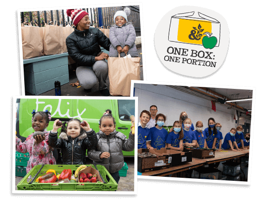images of the three charities and the one box: one portion logo