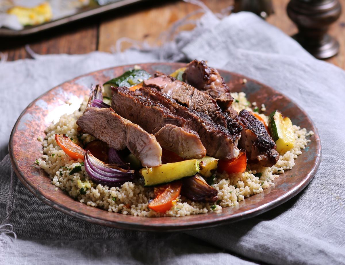 Shawarma Spiced Lamb With Roast Veg Herby Couscous Recipe Abel Cole