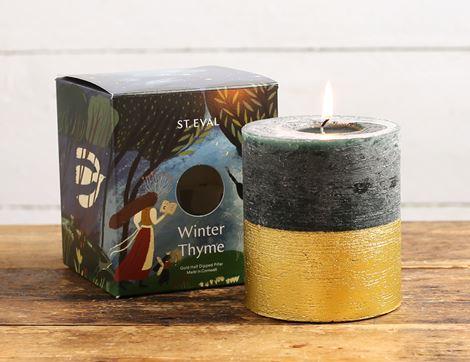 Winter Thyme Pillar Candle, Gold-Dipped, B-Corp, Non-Organic