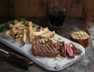 Rump Steaks with Celeriac Chips & Blue Cheese Sauce