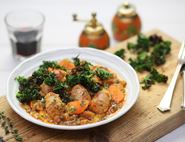 Sausage & Tomato Cassoulet with Crisp Kale Chips