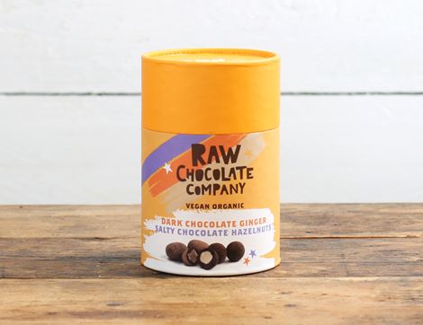 chocolate ginger and salty chocolate hazelnuts gift tub raw chocolate co