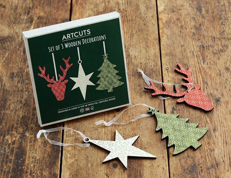 wooden christmas decorations artcuts pack of 3