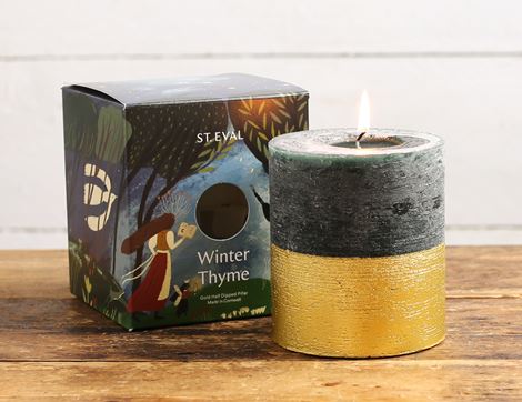 winter thyme pillar candle gold dipped st. eval