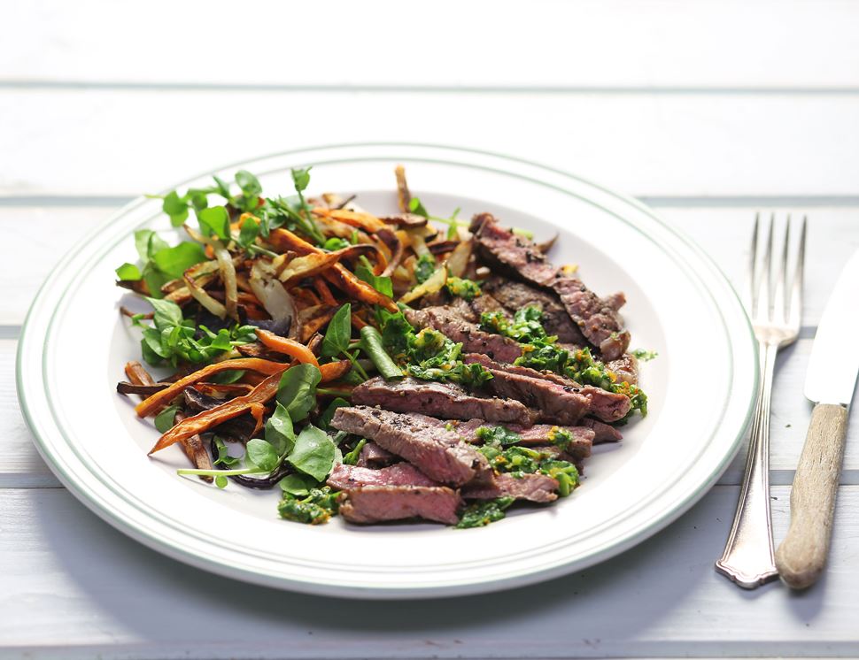 Peppered Minute Steaks with Shoestring Potatoes & Watercress Dressing ...