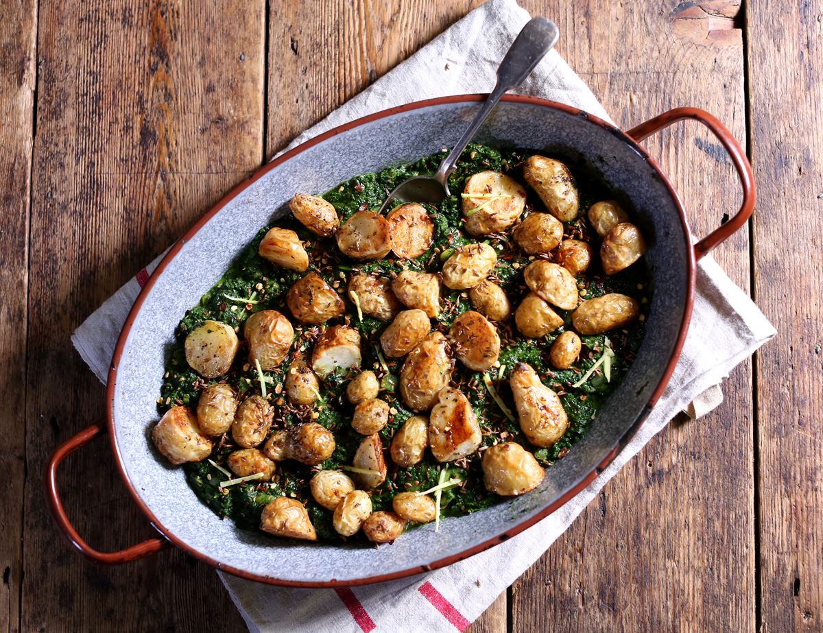 Roast jersey royals with butter dressing recipe