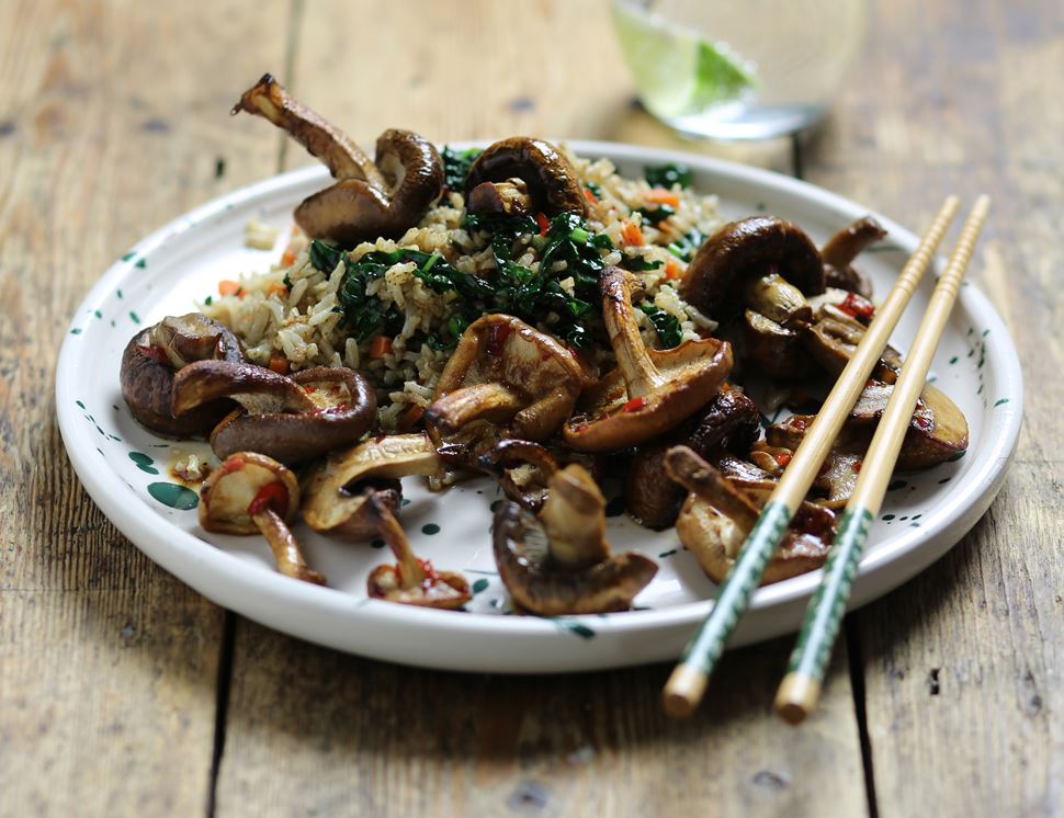 Glazed Japanese Mushrooms With Spiced Veg Rice Abel And Cole