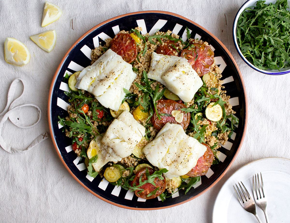 Roast Coley with Tomatoes & Giant Couscous Recipe | Abel & Cole