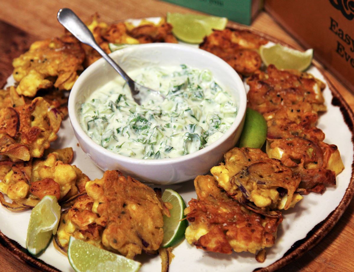 Hughs Cauliflower Pakoras With Raita Recipe Abel And Cole