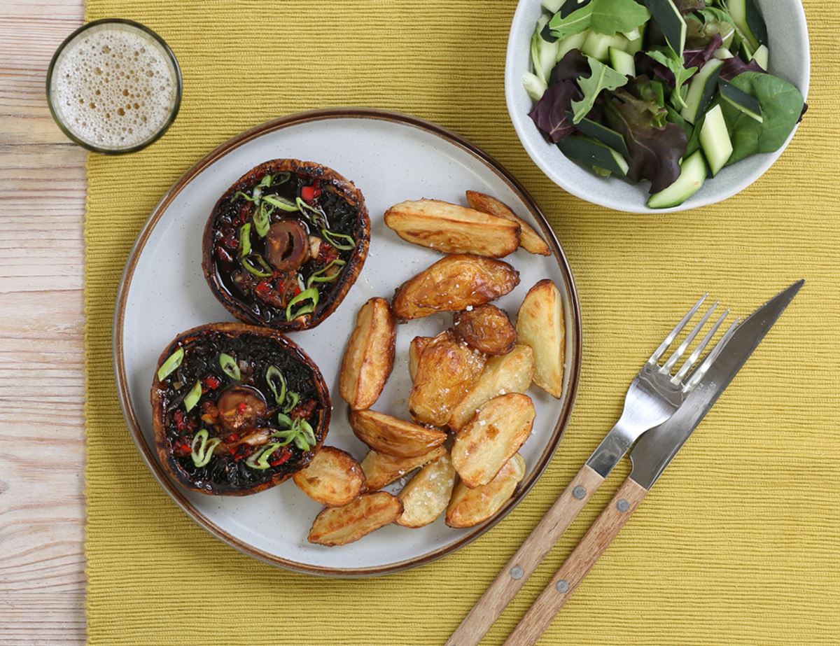 Sticky Portobello Mushrooms with Chipped New Potatoes