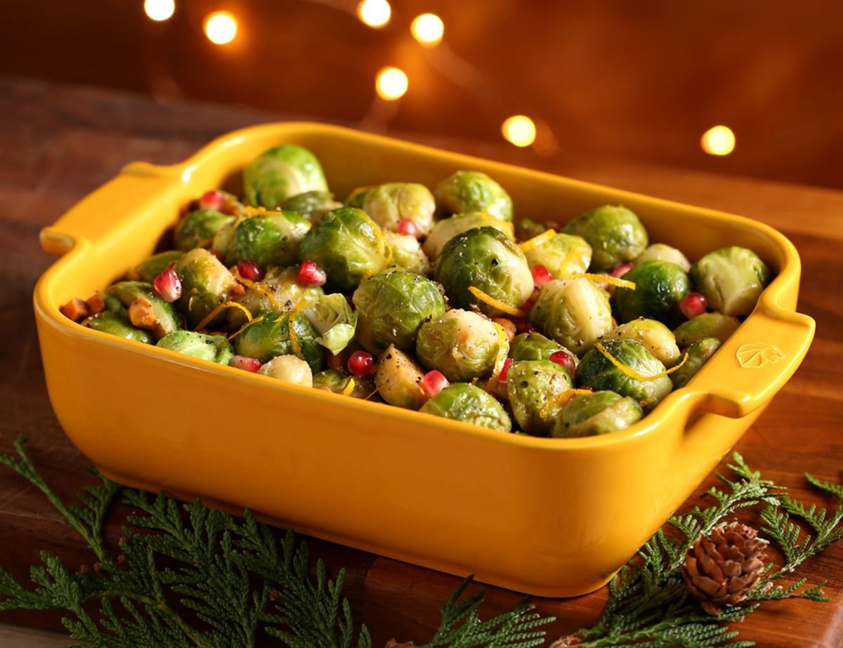 Roast Brussels Sprouts with Hazelnuts, Orange & Pomegranate