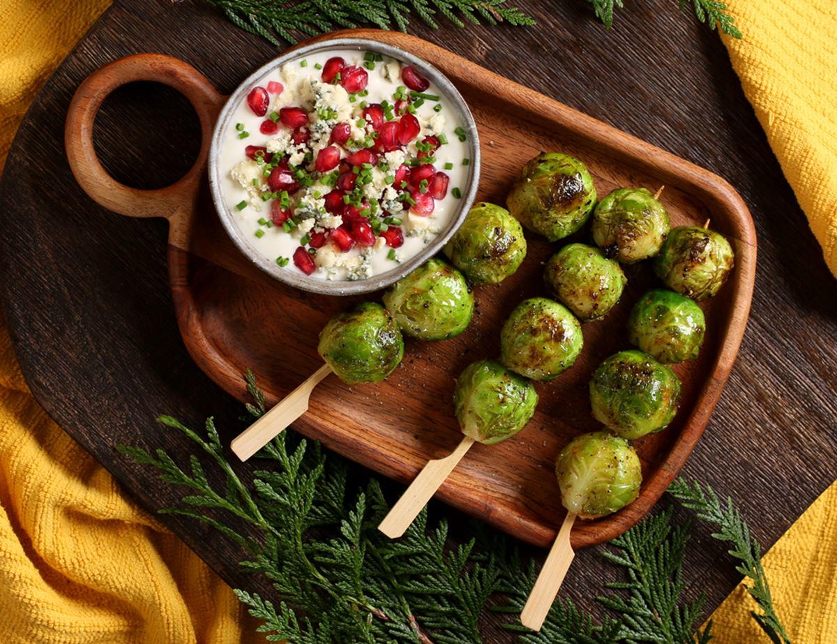 Buffalo Brussels Sprouts Skewers with Blue Cheese Dip