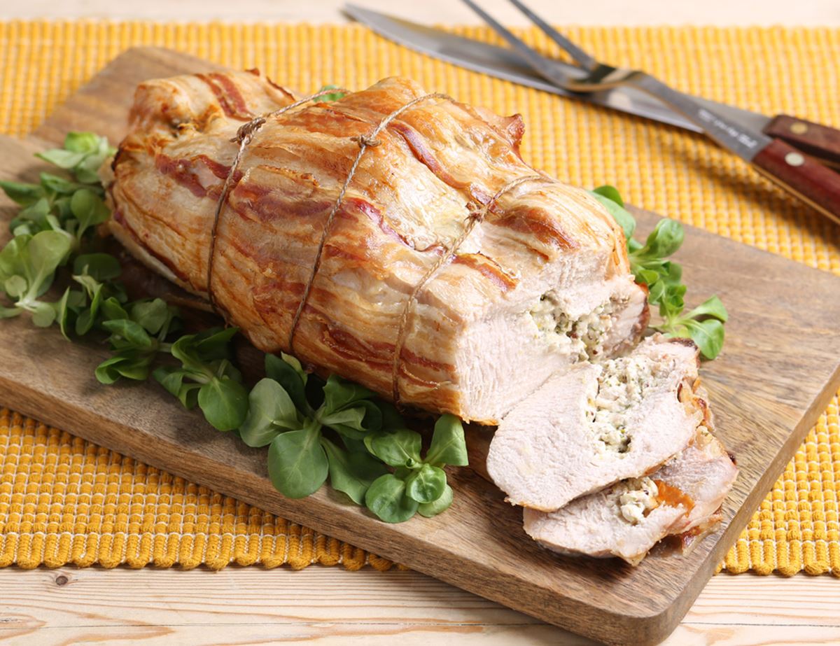 Pancetta-Wrapped Turkey Breast with Herby Garlic Cheese