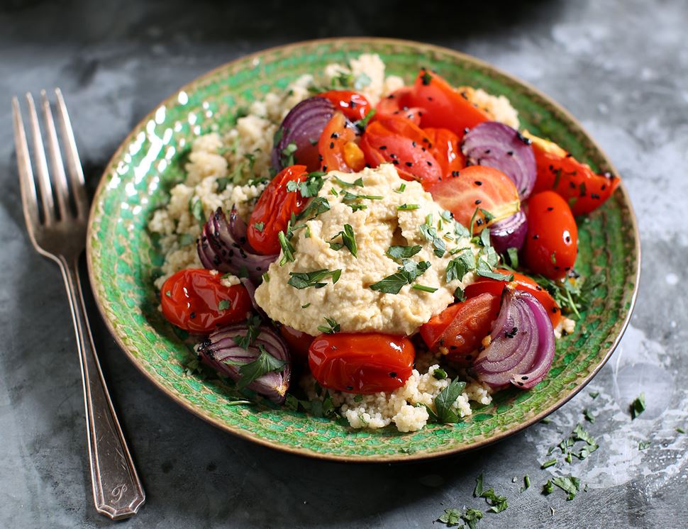 Roasted Tomatoes Houmous Herby Couscous Abel Cole